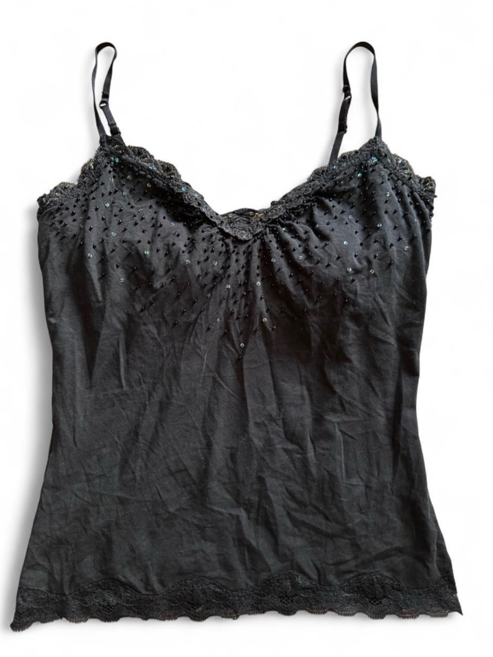 Black Beaded Lace-Trim Cami Top